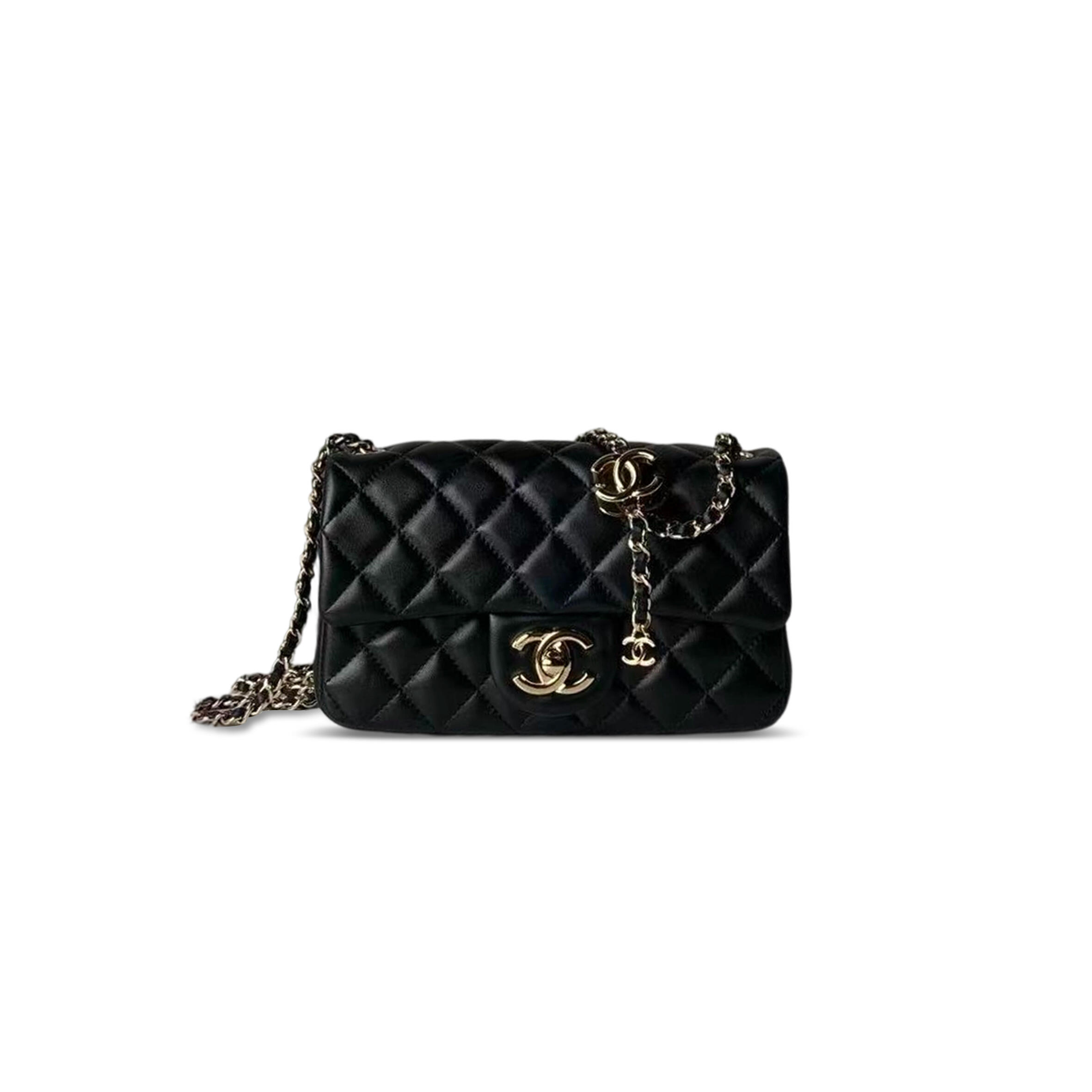 CHANEL MINI RECTANGULAR CLASSIC FLAP BAG CALFSKIN BLACK LIGHT GOLD HARDWARE AS5759 (20*13*7cm)